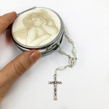 Taufrosenkranz mit Engelsdose Etui Engel Geschenk Taufe Taufgeschenk Junge Jungen Bub Mädchen weißer Rosenkranz Kinderrosenkranz Rosenkranz zur Taufe, Perlmuttrosenkranz Perlmut Perlmuttkleiner Kurzer Rosenkranz Autorosenkranz