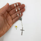 Taufrosenkranz, Geschenk Taufe, Taufgeschenk, weißer Rosenkranz, Kinderrosenkranz, Rosenkranz zur Taufe, Perlmuttrosenkranz, Perlmut, Perlmutt, kleiner Rosenrkanz, Kurzer Rosenkranz, Autorosenkranz, oval