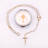 Rosenkranzdose Dose für Rosenkranz kommunionsrosenkranz rosenkranzkette echt perlmutt kommunionsgeschenk Erstkommunion Etui Aufbewahrung Rosenkranz Metalldose Schmuckdose Schmuckaufbewahrung, Taufschmuck weiß gold rund 7cm religiöses und christliches Motiv: Kelch Geschenk Konfirmation Firmung KommunionErstkommunion Taufe Taufgeschenk, Reiseschmuckdose Reiseschmucketui für Jungen Jungs Bub Buben Mädchen katholisches Motiv religiöses Set Geschenkset