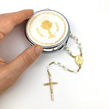 Perlmutt Rosenkranz weiß weiss mit Herz Herzchen Zwischenperlen gold goldfarben Rosenkranzdose Dose für Rosenkranz kommunionsrosenkranz rosenkranzkette echt perlmut kommunionsgeschenk Erstkommunion Etui Aufbewahrung Rosenkranz Metalldose Schmuckdose Schmuckaufbewahrung Taufschmuck religiöses und christliches Motiv Kelch Geschenk Konfirmation Firmung KommunionErstkommunion Taufe Taufgeschenk für Mädchen katholisches Motiv religiöses