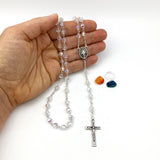 weißer Glitzer, funkelnder Rosenkranz für Mädchen zur Erstkommunion, Kommunion, Kommunionsrosenkranz, weiß, Kristallglasperlen, Kristall, Glasschliffperlen, changierend, regenbogen, Firmung, Geschenk Firmling, Firmpate, Konfirmation, Jugendweihe, Hochzeitsgeschenk, Hochzeitsrosenkranz