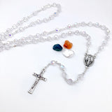 weißer Glitzer, funkelnder Rosenkranz für Mädchen zur Erstkommunion, Kommunion, Kommunionsrosenkranz, weiß, Kristallglasperlen, Kristall, Glasschliffperlen, changierend, regenbogen, Firmung, Geschenk Firmling, Firmpate, Konfirmation, Jugendweihe, Hochzeitsgeschenk, Hochzeitsrosenkranz