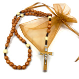 Holz Rosenkranz Rosenkranzkette, Gebetskette Dekorosenkranz, Holzrosenkranz zur Dekoration, braun haselnussbraun helle zwischenperlen kruzifix geknüpfter geschenk mann männer bischof pfarrer männerrosenkranz firmung konfirmation junge bub ovale holzperlen geschenk führerschein autorosenkranz