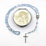 blauer Glasrosenkranz Glasperlen Taufgeschenk Bub Junge Rosenkranz zur Kommunion Rosenkranz mit Etui Dose Schmuckdose Rosenkranzdose Engel Geschenk zur Konfirmation Firmung Rosenkranz für Jungen Buben Bub mit Rosenkranzdose, Schmuckdose Taufschmuck blau hellblau, Rosenkranzdose, Etui Dose Engel