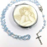 blauer Glasrosenkranz Glasperlen Taufgeschenk Bub Junge Rosenkranz zur Kommunion Rosenkranz mit Etui Dose Schmuckdose Rosenkranzdose Engel Geschenk zur Konfirmation Firmung Rosenkranz für Jungen Buben Bub mit Rosenkranzdose, Schmuckdose Taufschmuck blau hellblau, Rosenkranzdose, Etui Dose Engel