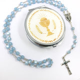 blauer Glasrosenkranz Glasperlen, Rosenkranz zur Kommunion Kommunionsrosenkranz  Rosenkranz mit Etui Dose Schmuckdose Rosenkranzdose Kelch Geschenk zur Konfirmation Firmung Rosenkranz für Jungen Buben Bub mit Rosenkranzdose, Schmuckdose Taufschmuck, Jugendweihe türkis blau hellblau, Rosenkranzdose, Etui