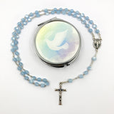 blauer Glasrosenkranz, Glasperlen, Rosenkranz zur Kommunion, Kommunionsrosenkranz, Rosenkranz zur Konfirmation, Firmung, Rosenkranz für Jungen, Buben, Bub, Mann, mit Rosenkranzdose, Schmuckdose, Taufschmuck, Jugendweihe, türkis, blau, royalblau, dunkelblau, hellblau, Rosenkranzdose, Etui, Taube, Taubenmotiv, grau
