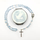 blauer Glasrosenkranz, Glasperlen, Rosenkranz zur Kommunion, Kommunionsrosenkranz, Rosenkranz zur Konfirmation, Firmung, Rosenkranz für Jungen, Buben, Bub, Mann, mit Rosenkranzdose, Schmuckdose, Taufschmuck, Jugendweihe, türkis, blau, royalblau, dunkelblau, hellblau, Rosenkranzdose, Etui, Taube, Taubenmotiv, grau