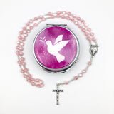 Rosenkranz pink rosa Mädchen Kommunion Konfirmation Erstkommunion Glasrosenkranz mit Schmuckdose Etui Taube Kommunionsrosenkranz Firmung Kinderrosenkranz Kommunionsgeschenk, Geschenk mit Dose Box
