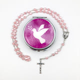 Rosenkranz pink rosa Mädchen Kommunion Konfirmation Erstkommunion Glasrosenkranz mit Schmuckdose Etui Taube Kommunionsrosenkranz Firmung Kinderrosenkranz Kommunionsgeschenk, Geschenk mit Dose Box