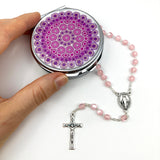 Rosenkranz pink rosa Mädchen Kommunion Konfirmation Erstkommunion Glasrosenkranz mit Schmuckdose Etui Taube Kommunionsrosenkranz Firmung Kinderrosenkranz Kommunionsgeschenk, Geschenk mit Dose Box