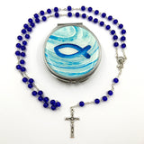 blauer Glasrosenkranz, Glasperlen, Rosenkranz zur Kommunion, Kommunionsrosenkranz, Rosenkranz zur Konfirmation, Firmung, Rosenkranz für Jungen, Buben, Bub, Mann, Männer,, mit Rosenkranzdose, Schmuckdose, Taufschmuck, Jugendweihe, türkis, blau, royalblau, dunkelblau, hellblau