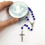 blauer Glasrosenkranz, Glasperlen, Rosenkranz zur Kommunion, Kommunionsrosenkranz, Rosenkranz zur Konfirmation, Firmung, Rosenkranz für Jungen, Buben, Bub, Mann, Männer,, mit Rosenkranzdose, Schmuckdose, Taufschmuck, Jugendweihe, türkis, blau, royalblau, dunkelblau, hellblau, Dose Etui, Taube, Fisch