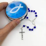 blauer dunkelblau Rosenkranz zur Konfirmation Firmung Geschenk Kommunion Glasrosenkranz Glasperlen Kommunionsrosenkranz Rosenkranz zur Rosenkranz für Jungen Buben Bub Mann Männer mit Rosenkranzdose Etui Fisch Fischmotiv Schmuckdose Taufschmuck Jugendweihe royalblau