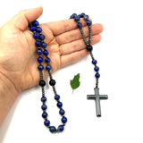 Großer Rosenkranz zum Umhängen, Rosenkranzkette Gebetskette blau dunkelblau Dekorosenkranz, Rosenkranz zur Dekoration, Wandrosenkranz, zum aufhängen an der Wand blau dunkelblau lapislazuli schwarz Edelstein-Rosenkranz, Hämatit schwarz Geschenk für Pfarrer, Bischof geknüpft Männerhalskette Männerrosenkranz