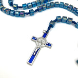 Design-Unikat: Rosenkranz quadratische Glasperlen, blau