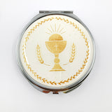 Rosenkranzdose, Dose für Rosenkranz, kommunionsrosenkranz, kommunionsgeschenk, Erstkommunion, Etui, Aufbewahrung Rosenkranz, Metalldose, Pillendose, Schmuckdose, Schmuckaufbewahrung, Taufschmuck, weiß, gold, rund, 7cm, religiöses und christliches Motiv: Kelch, Geschenk Konfirmation, Firmung, Kommunion, Erstkommunion, Taufe, Taufgeschenk, Reiseschmuckdose, Reiseschmucketui, für Jungen, Jungs, Bub, Buben, Mädchen, Kelch, Messwein, Oblate, Getreide, Abendmahl, Eucharistie, Dose Etui für Taufschmuck Kelch