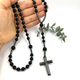 schwarzer Onyx Großer Rosenkranz zum Umhängen Rosenkranzkette Gebetskette Dekorosenkranz zur Dekoration Wandrosenkranz zum aufhängen an der Wand dunkel schwarz Edelstein Geschenk für Pfarrer Bischof geknüpft opulent Hingucker Hämatit Onyx