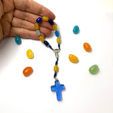 kurzer, kleiner, 
Design-Rosenkranz, Unikat, besonderer Kommunionsrosenkranz, individuell, handgeknüpft, geknüpft, Individueller Rosenkranz für Jungen, Jungs, Männer, Bub, Buben, Mädchen, Jungen, Geschenk zur Firmung, Erstkommunion, Taufe,  Rosenkranz, Geschenk Konfirmation Mädchen, blau, türkis, gelb, Glas, Glasperlen, Jelly Bean