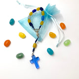 kurzer, kleiner, 
Design-Rosenkranz, Unikat, besonderer Kommunionsrosenkranz, individuell, handgeknüpft, geknüpft, Individueller Rosenkranz für Jungen, Jungs, Männer, Bub, Buben, Mädchen, Jungen, Geschenk zur Firmung, Erstkommunion, Taufe,  Rosenkranz, Geschenk Konfirmation Mädchen, blau, türkis, gelb, Glas, Glasperlen, Jelly Bean