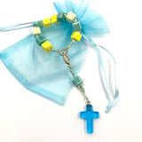 kleiner Design-Rosenkranz, Unikat, besonderer Rosenkranz für Jungen, Männerrosenkranz, Mädchen als Geschenk zur Konfirmation, Firmung, Erstkommunion, Kommunion, Taufe, Taufgeschenk, individuell, handgeknüpft, Unikat, geknüpft, Individueller Rosenkranz für Jungen, Männer, Geschenk zur Firmung, Rosenkranzkette, Keramikperlen, Keramikrosenkranz, Keramik, Geschenk Konfirmation Jungen, Jugendweihe, blau, bunt, kurzer, Zehner Rosenkranz, klein, kurz, grün, türkis, blau, hellblau, gelb,