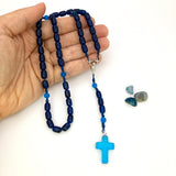 Autorosenkranz  fürs Auto Rückspiegel blauer Rosenkranz handgeknüpft in österreich edelsteinkreuz glasperlen glasrosenkranz gebetskette rosenkranzkette katholisches geschenk für jungen buben männer zur taufe erstkommunion firmung konfirmation kommunionsrosenkranz dunkelblau türkis blau