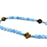 blauer Rosenkranz handgeknüpft in österreich edelsteinkreuz glasperlen glasrosenkranz gebetskette rosenkranzkette katholisches geschenk für jungen buben männer zur taufe erstkommunion firmung konfirmation kommunionsrosenkranz hellblau aquamarin edelstein rosenkranz junge bub mann konfirmation firmung geschenk tigerauge kreuz  kruzifix kleine kreuzchen als zwischenperle gleichschenkeliges kreuz unikat desgin