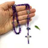 Design Rosenkranz Unikat individuell geknüpft handgeknüpft Edelstein Edelsteinrosenkranz Perlen lila violett Amethyst Edelsteinkreuz Geschenk Mädchen Konfirmation Firmung Erstkommunion Kommunion Fisch Fischperlen Zwischenperlen 6 mm Autorosenkranz Rosenkranz Jugendweihe Katholisch christlich