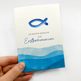 Schöne, moderne Glückwunschkarte zur Kommunion, Erstkommunion, Kommunionskarte, Erstkommunionskarte, Glückwünsche zur Kommunion, neutral, neutrale Farben, hochwertig, edel, Fischmotiv, Fisch