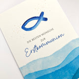 Schöne, moderne Glückwunschkarte zur Kommunion, Erstkommunion, Kommunionskarte, Erstkommunionskarte, Glückwünsche zur Kommunion, neutral, neutrale Farben, hochwertig, edel, Kelchsymbol christliches Symbol Kelch und Brot, Getreide, gold, goldfarben, neutral, für Jungen und Mädchen