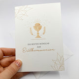 Schöne, moderne Glückwunschkarte zur Kommunion, Erstkommunion, Kommunionskarte, Erstkommunionskarte, Glückwünsche zur Kommunion,  neutral, neutrale Farben, hochwertig, edel, Kelchsymbol christliches Symbol Kelch und Brot, Getreide, gold, goldfarben, neutral, für Jungen und Mädchen