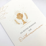 Schöne, moderne Glückwunschkarte zur Kommunion, Erstkommunion, Kommunionskarte, Erstkommunionskarte, Glückwünsche zur Kommunion,  neutral, neutrale Farben, hochwertig, edel, Taube, bunt, bunte Farben, Regenbogen, neutral, für Jungen und Mädchen, Taubensymbol