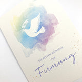 Schöne, moderne Glückwunschkarte zur Konfirmation, Firmung, Glückwünsche zur Konfirmation, Firmung, Firmkarte, neutral, neutrale Farben, hochwertig, edel, Taube, bunt, bunte Farben, Regenbogen, für Jungen und Mädchen, Taubensymbol, christliches Symbol Taube