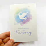 Schöne, moderne Glückwunschkarte zur Konfirmation, Firmung, Glückwünsche zur Konfirmation, Firmung, Firmkarte, neutral, neutrale Farben, hochwertig, edel, Taube, bunt, bunte Farben, Regenbogen, für Jungen und Mädchen, Taubensymbol, christliches Symbol Taube