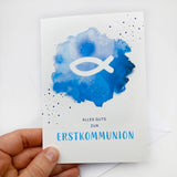 moderne Glückwunschkarte zur Kommunion Erstkommunion für Jungen und Mädchen Fisch Fischmotiv blau hellblau türkis Kommunionskarte Erstkommunionskarte Glückwünsche zur Kommunion christliches Motiv für Bub Buben