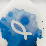 moderne Glückwunschkarte zur Kommunion Erstkommunion für Jungen und Mädchen Fisch Fischmotiv blau hellblau türkis Kommunionskarte Erstkommunionskarte Glückwünsche zur Kommunion christliches Motiv für Bub Buben