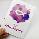 moderne Glückwunschkarte zur Kommunion Erstkommunion für Mädchen Fisch Fischmotiv pink rosa lila violett Kommunionskarte Erstkommunionskarte Glückwünsche zur Kommunion christliches Motiv Fisch