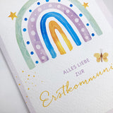 Schöne moderne Glückwunschkarte zur Kommunion Erstkommunion für Mädchen Regenbogen bunt Kommunionskarte Erstkommunionskarte Glückwünsche zur Kommunion christliches Motiv