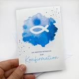 moderne Glückwunschkarte zur Konfirmation Firmung für Jungen Jungs Buben Bub Fisch Fischmotiv blau hellblau türkis dunkelblau Firmkarte Konfirmationskarte Glückwünsche zur Konfirmation christliches Motiv Fisch