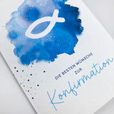 moderne Glückwunschkarte zur Konfirmation Firmung für Jungen Jungs Buben Bub Fisch Fischmotiv blau hellblau türkis dunkelblau Firmkarte Konfirmationskarte Glückwünsche zur Konfirmation christliches Motiv Fisch