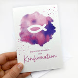 moderne Glückwunschkarte zur Konfirmation Firmung für Mädchen Fisch Fischmotiv pink rosa lila violett Firmkarte Konfirmationskarte Glückwünsche zur Konfirmation christliches Motiv Fisch