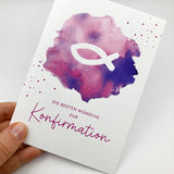 moderne Glückwunschkarte zur Konfirmation Firmung für Mädchen Fisch Fischmotiv pink rosa lila violett Firmkarte Konfirmationskarte Glückwünsche zur Konfirmation christliches Motiv Fisch