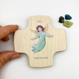 Taufgeschenk für Junge Bub Kinderkreuz Geschenk Taufe Kreuz Engel Engelsmotiv Holzkreuz für Kinder Taufkreuz Wandkreuz Schutzengel 9 cm klein Geschenk Geburt neutral blau grün