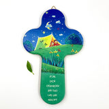 Taufgeschenk Kreuz Holzkreuz schönes Motiv blau grün Kind Sterne Mond Geschenk zur Taufe für Jungen christliches katholisches Taufgeschenk Geschenk zur Geburt Kinderkreuz Wandkreuz 16 cm bunt Spruch du machst mich stark