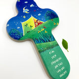 Taufgeschenk Kreuz Holzkreuz schönes Motiv blau grün Kind Sterne Mond Geschenk zur Taufe für Jungen christliches katholisches Taufgeschenk Geschenk zur Geburt Kinderkreuz Wandkreuz 16 cm bunt Spruch du machst mich stark