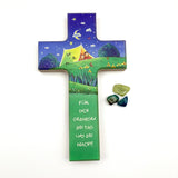 Taufgeschenk Kreuz Holzkreuz schönes Motiv blau grün Kind Sterne Mond Geschenk zur Taufe für Jungen christliches katholisches Taufgeschenk Geschenk zur Geburt Kinderkreuz Wandkreuz 16 cm bunt Spruch du machst mich stark