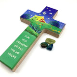 Taufgeschenk Kreuz Holzkreuz schönes Motiv blau grün Kind Sterne Mond Geschenk zur Taufe für Jungen christliches katholisches Taufgeschenk Geschenk zur Geburt Kinderkreuz Wandkreuz 16 cm bunt Spruch du machst mich stark