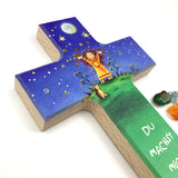 Taufgeschenk Kreuz Holzkreuz schönes Motiv blau grün Kind Sterne Mond Geschenk zur Taufe für Mädchen Jungen christliches katholisches Taufgeschenk Geschenk zur Geburt Kinderkreuz Wandkreuz 16 cm bunt Spruch du machst mich stark