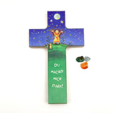 Taufgeschenk Kreuz Holzkreuz schönes Motiv blau grün Kind Sterne Mond Geschenk zur Taufe für Mädchen Jungen christliches katholisches Taufgeschenk Geschenk zur Geburt Kinderkreuz Wandkreuz 16 cm bunt Spruch du machst mich stark