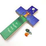 Taufgeschenk Kreuz Holzkreuz schönes Motiv blau grün Kind Sterne Mond Geschenk zur Taufe für Mädchen Jungen christliches katholisches Taufgeschenk Geschenk zur Geburt Kinderkreuz Wandkreuz 16 cm bunt Spruch du machst mich stark